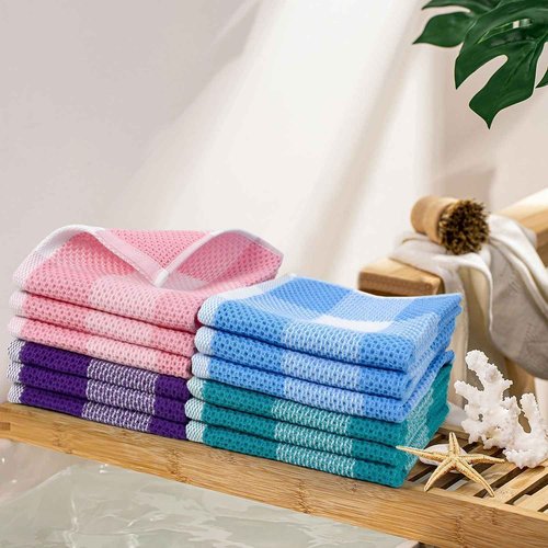 Checkered Washcloths 12 Pack – 100% Cotton Face Towels for Family Use, Quick-Dry & Soft, 13 x 13 in, Bathroom Towels in 4 Colors