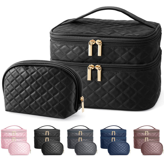 MAANGE Makeup Bag, 2 PCS Cosmetic Bag Leather Travel Makeup Bag Roomy Double Layer Makeup Bags for Women Makeup Pouch Portable Zipper Bags Gifts (Black)