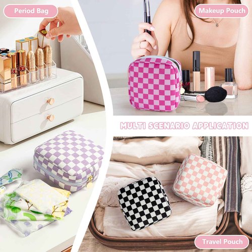 Desing Wish 5.1'' x 5.1'' Small Makeup Bag for Purse Flocked Material Mini Travel Makeup Bag with Two Inner Pockets Portable Cute Cosmetic Bags for Women (Black-White Checker)