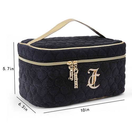 Juicy Couture Black Makeup Bag Cosmetics Organizer Travel Essentials Train Case Terry Cloth Simulated Pearl Logo