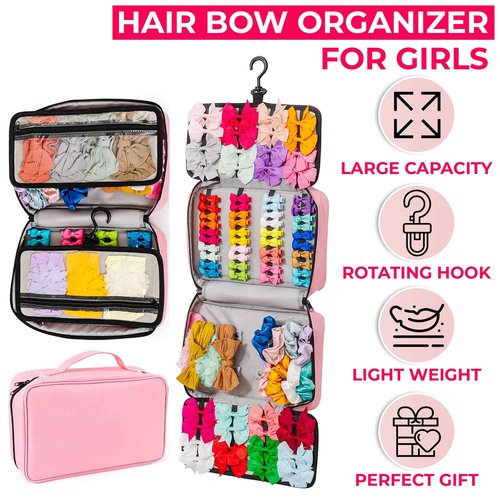 2 in 1 Newly Designed Headband & Hair Bow Organizer for Girls Display Bag - Large Capacity Girls Hair Accessories Organizer, Holds Hair Clips, and Hair tie with a Rotating Hook, Travel-Friendly.