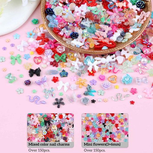 Sinyanail 300 Pieces 3D Mix Assorted Resin Nail Charms Hollow Pearl Heart Nail Art Charms Gems Gummy Bear Star Heart Flowers Acrylic Beads