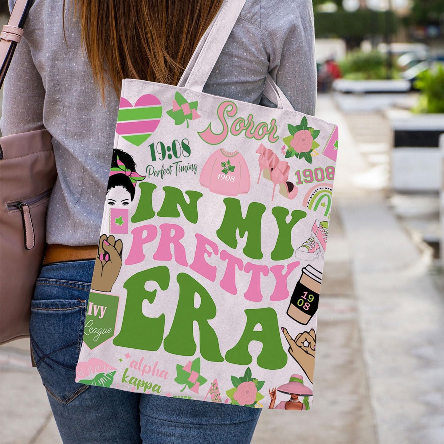 WCGXKO Sorority Gift In My Pretty Era Pink and Green Paraphernalia 1908 Sorority Canvas Tote Bag (Pretty Era)