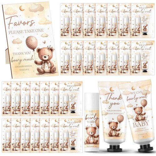 Dansib 30 Set Gender Reveal Gifts for Guests 30 Pcs Bear Baby Shower Hand Cream and 30 Pcs Lip Balm with 1 Wooden Stand Baby Shower Games Prizes Party Favors for Guests for Gender Reveal Souvenirs