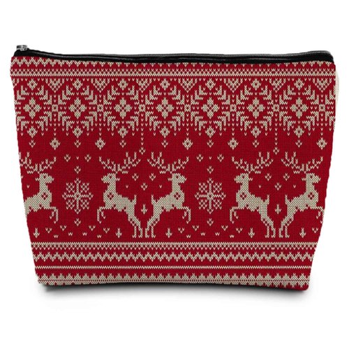 ignytiger Deer Makeup Bag, Red Christmas Reindeer Vintage Holiday Gifts Cosmetic Bags for Women, Winter Holiday Seamless Knitted Pattern Print Canvas Makeup Pounch Bags for Purse