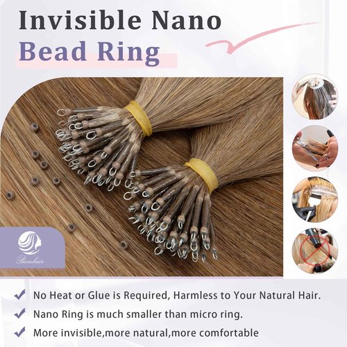 Benehair Nano Tip Human Hair Extensions Straight Cold Fushion Stick Light Brown #6 Nano Beads Hair Extensions Real Human Hair 50 Strands 50g Natural Long for Women Highlight Remy Hair 18Inch