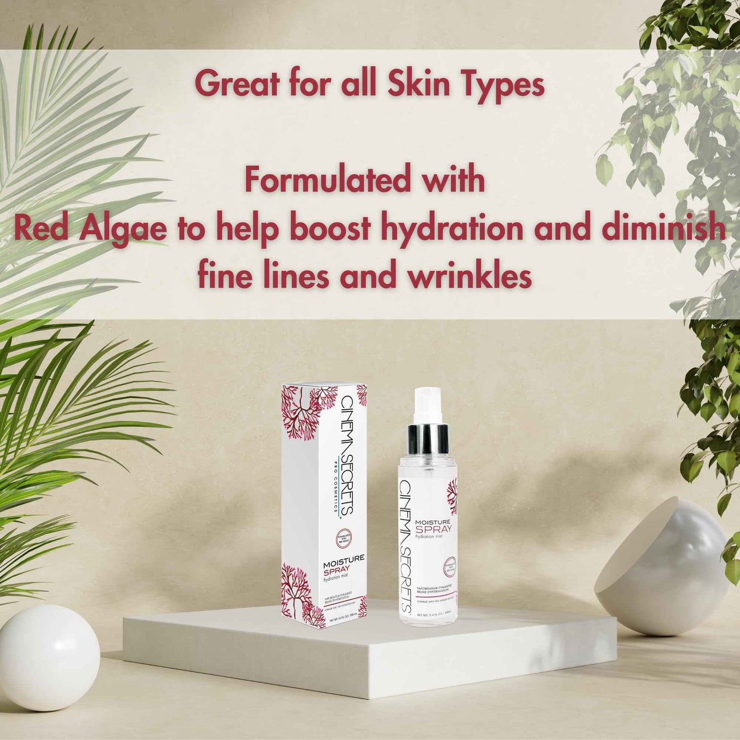 CINEMA SECRETS Moisture spray+ Hydrating Mist - Red Algae Face Spray for Moisture, Skin Prep, Collagen Support, Refreshes Makeup & Soothes Dry, Sensitive Skin