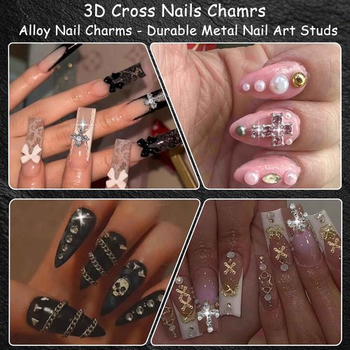 ZUMILLMN 100pcs Cross Nail Charms, 3D Nail Decorations for Nail Art, Pearl Gems Diamond Nail Decor, Metal Alloy Crystal Rhinestones Nail Studs for Women Girl DIY Jewelry Cellphone Crafts（100pcs）