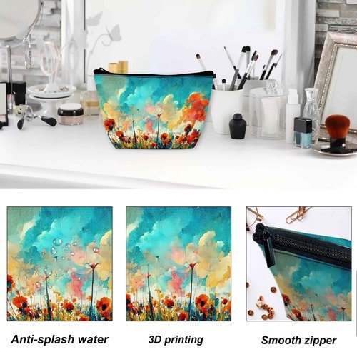 DEMACYA Colorful Red Poppy Flowers Makeup Bag for Purse, Waterproof Funny Watercolor Cosmetic Bag for Women, Zipper Travel Toiletry Pouch Gift 9.5×5.9 Inch
