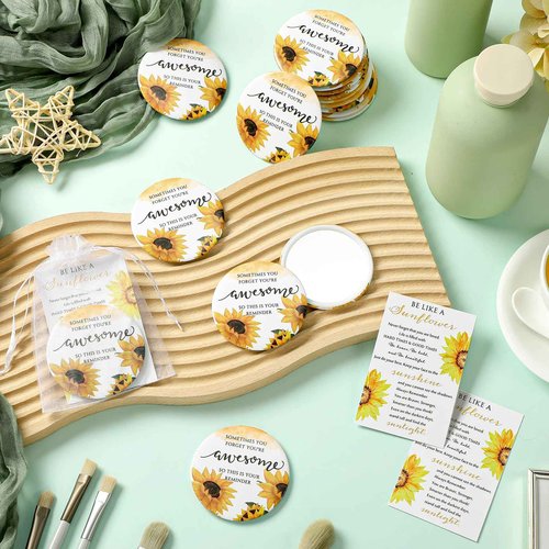 Cinnvoice 25 Set Inspirational Compact Mirror Bulk Christmas Appreciation Gift for Women Mini Makeup Pocket Mirror with Motivational Cards for Thanksgiving Coworker Employee Nurse Friends (Sunflower)