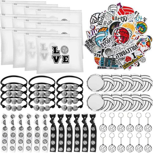 JaGely 110 Pcs Volleyball Party Favors Bulk Volleyball Gifts Accessories, Including Bracelet Mirrors Keychain Makeup Bag Hair Ties and Stickers Sports Theme Party Supplies for Girls Women Teammates