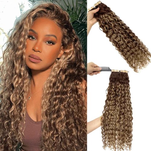 Water Wave Tape in Hair Extensions Human Hair, Ombre Chocolate Brown to Strawberry Honey Blonde Highlights Invisible Loose Curly Tape ins for Black Women Skin Weft Glue in Real Remy Extension 14 Inch