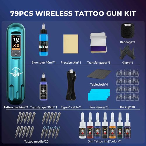 Tuffking Tattoo Machine Kit Rotary Wireless Tattoo Pen Kit with 20pcs Extra Smooth Cartridge Needles Practice Skin Supplies for Beginners & Professional Artists