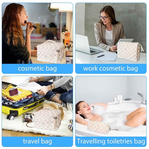 Quilted Cosmetic Bag Large Capacity Travel Cosmetic Bag for Women and Girls Aesthetic Storage for Daily and Travel Use (3pcs-browncheckered)