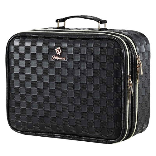 Makeup Bag with LED Lighted Mirror 12.2 IN Travel Double Layer Makeup Case Adjustable Brightness in 3 Colors Cosmetic Organizer Artist Storage with Dividers Brush Holder Vanity Black Checkerboard