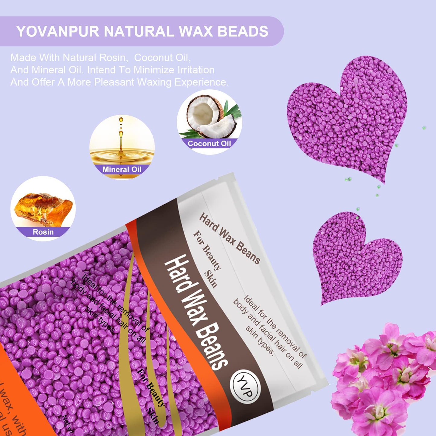 Yovanpur Hard Wax Beads for Hair Removal, Waxing Beans for Sensitive Skin (Violet), 10.5 Ounce/bag with 10pcs Wax Sticks