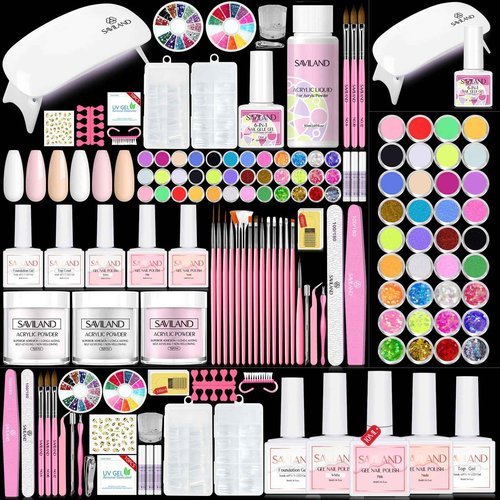 Saviland Acrylic Nail Kit with Everything for Beginners - Acrylic Powder & Liquid Set Nails Tips Glue Gel Kit Gel Nail Polish U V Light for Nail Art Professional Acrylic Nail Kit for Home DIY
