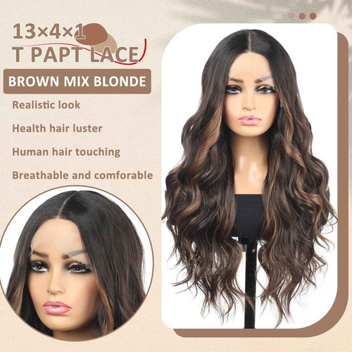 Rallarkrysset Highlight Lace Front Wig 13x4x1 Pre Plucked Ombre Brown Wigs for Women Ready to Wear HD Glueless Natural Long Wavy Wig for Women Middle Part Natural Look