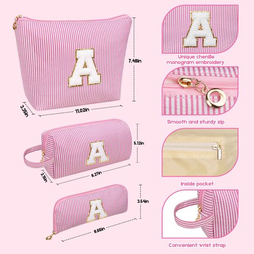 Junesters Initials Makeup Bag Set, Personalized Pink Cosmetic Bag, Cute Large Make up Bags, Travel Toiletry Bag for Women Girl Gifts M (Pink)