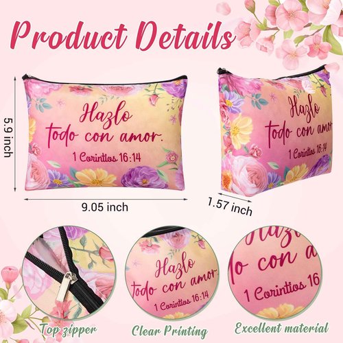 Kacctyen 24 Pcs Spanish Christian Cosmetic Bags Bulk Mother's Day Church Gifts Spanish Christian Gifts for Women Bible Verse Pencil Pouch Makeup Bag Regalos Religiosos Para Mujer (Classic Style)