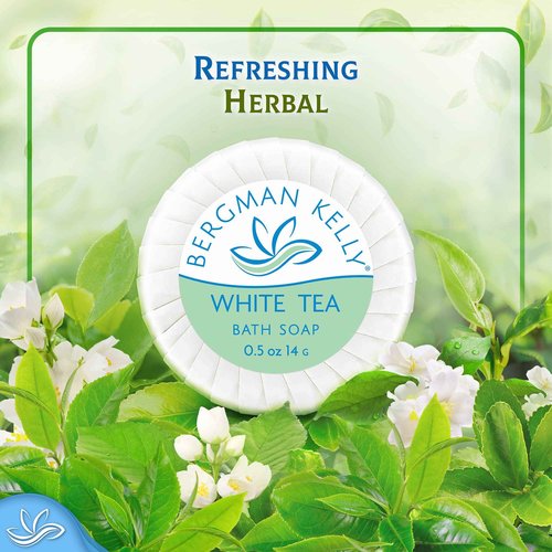 BERGMAN KELLY - Hotel Soap Bars - White Tea, 0.5 oz, 200 PK - Travel Size Luxury Bulk Amenities Bar Soap, Mini Individually Wrapped Round Soap - Small Toiletries for Airbnb, Motel, Guest Bathroom