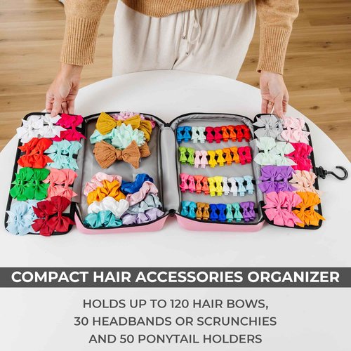 2 in 1 Newly Designed Headband & Hair Bow Organizer for Girls Display Bag - Large Capacity Girls Hair Accessories Organizer, Holds Hair Clips, and Hair tie with a Rotating Hook, Travel-Friendly.
