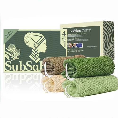SubSahara African Net Sponge Authentic - 4 Pieces Gentle Exfoliating Scrubber for All Skin Types, Bath Sponge for Face & Body, Travel Portable (Light Brown, Linen, Olive Green, Light Green)
