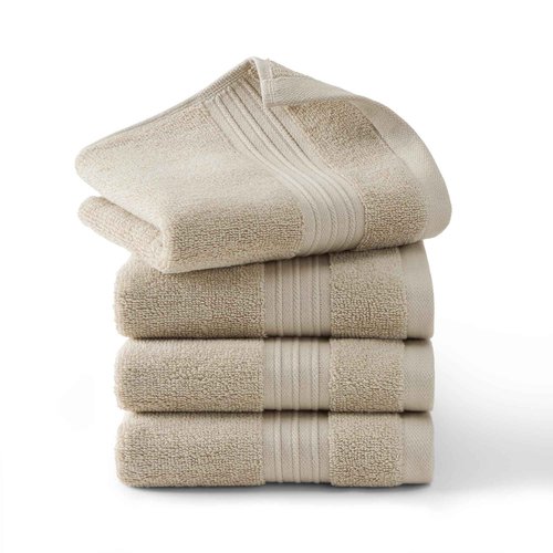 TOWN & COUNTRY EVERYDAY 4-Piece Solid Dobby Border Washcloth Set, 13x13-Inch, 100% Cotton, Plush & Absorbent 650GSM, Beige