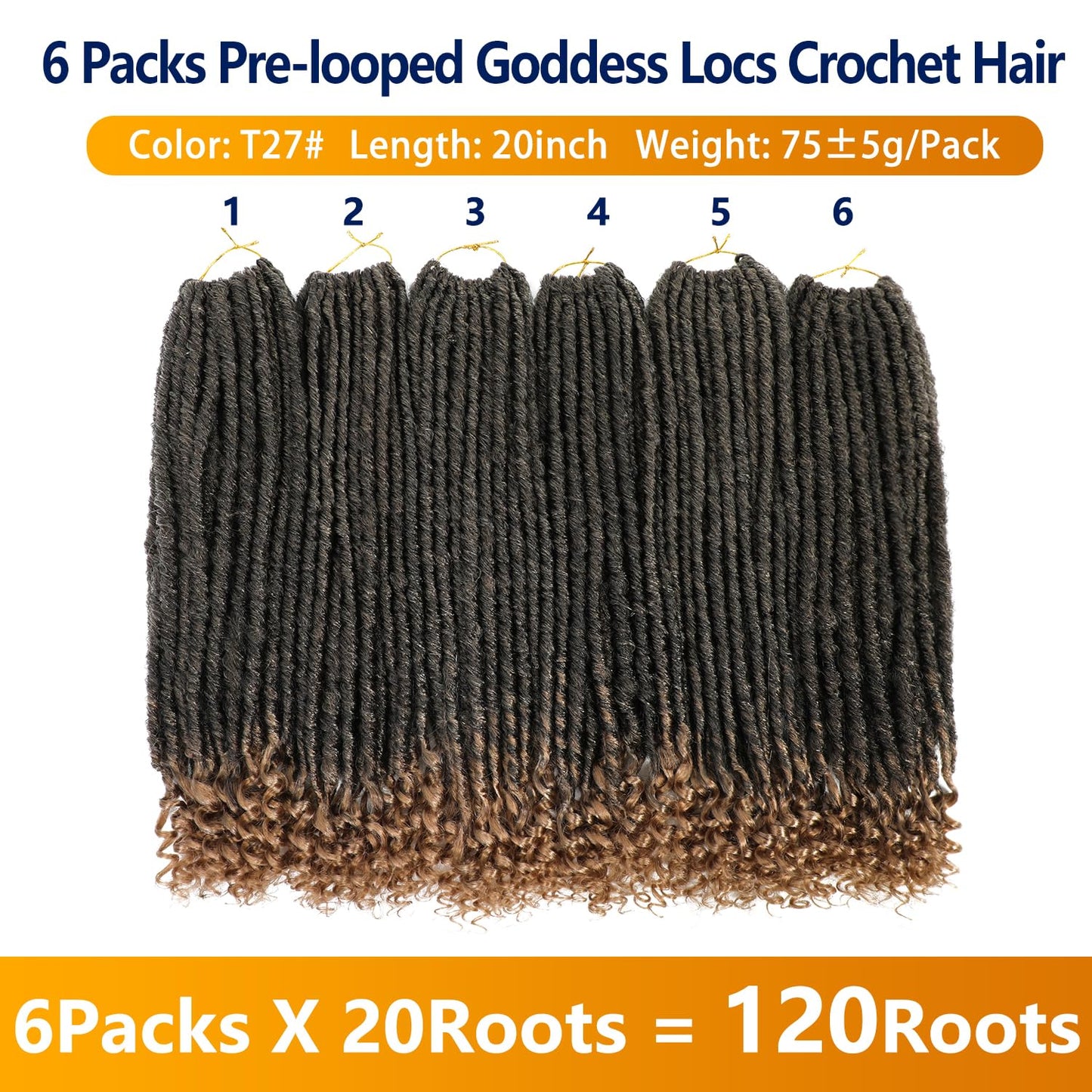 Goddess Locs Crochet Hair 6 Packs 20 Inch Straight Faux Locs Crochet Hair for Black Women, Crochet Pre-Looped Curly Hair Soft Faux Locs Synthetic Braiding Hair Extensions (20 Inch, 6 Packs, 1B-27#)