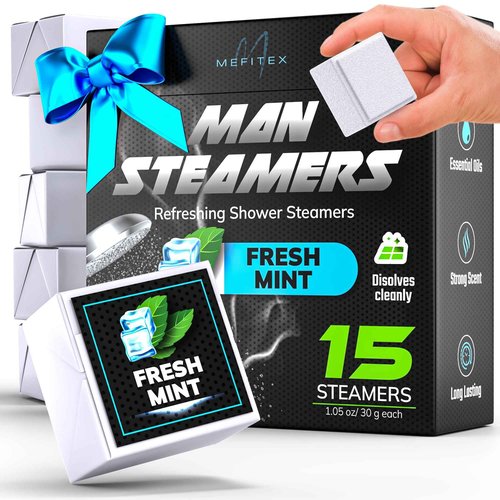 Shower Steamers for Men 15 Pack Fresh Mint Aromatherapy Shower Steamers, Strong Scent, Long Lasting, Premium Essential Oils, Gift Box for Men Relaxation and Sinus Relief