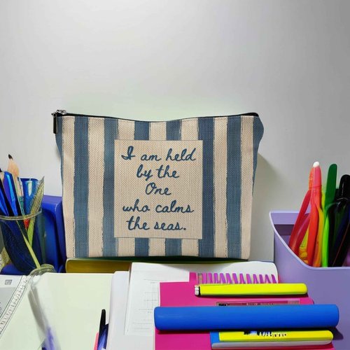 Yomisex Inspirational Christian Makeup Bag for Women, Bible Verse Ocean Beach Cosmetic Bags Toiletry Bag, Blue and Beige Striped Religious Makeup Pouch
