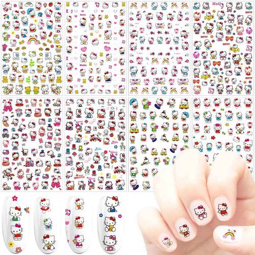 8 Sheets Cute Nail Art Stickers 3D Cartoon Cat Nail Decals Self-Adhesive Nail Stickers for Little Girl Nail Art Supplies Kawaii Nail Design for Women Kids Girls Manicure Decoration