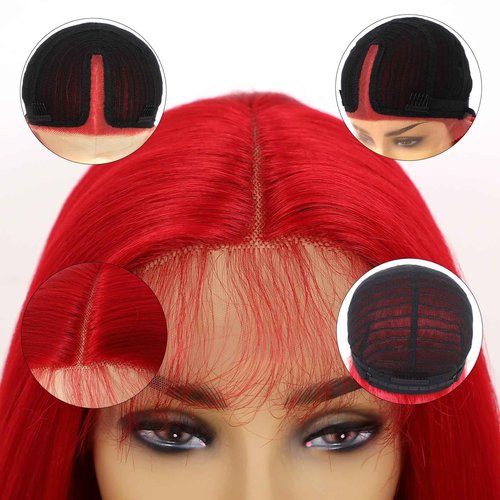 TaBeWay Red Colot Straight Synthetic 13x4 T-part Wigs with Baby Hair Glueless Pre-plucked Natural Hairline Synthetic Lace Front Wigs for Women 32inch