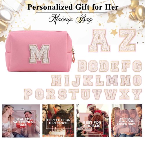 Letoileite Personalized Preppy Patch Makeup Bag Waterproof PU Leather Travel Toiletry Bag with Zipper，Cosmetic Bag Women Friend Birthday Christmas Gifts