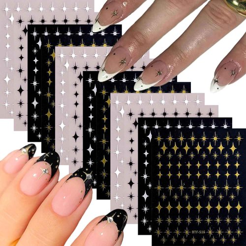 12 Sheets Star Nail Art Stickers Decals Gold Silvery Nail Stickers Star Design 3D Self-Adhesive Nail Decals Black White Manicure Supplies for Holiday Nail Art Decorations