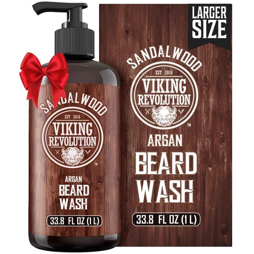 Viking Revolution Sandalwood Beard Wash for Men with Argan Oil - Beard Softener and Strengthener Beard Shampoo with Ginseng, Red Sage, Vitamin B5, Vitamin E - Sandalwood Beard Care (33.8 Fl oz)