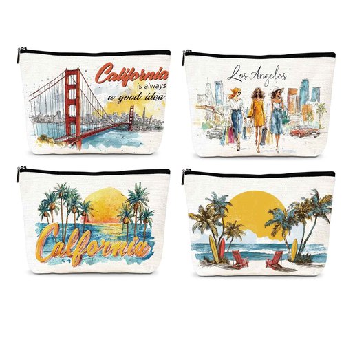 Luvsweets California Travel Essentials Gifts - 4Pcs California Souvenirs Makeup Bags with Zipper, City Trip Vacation Cosmetic Toiletry Pouch for Women Girls Besties Friends Birthday Christmas Gifts