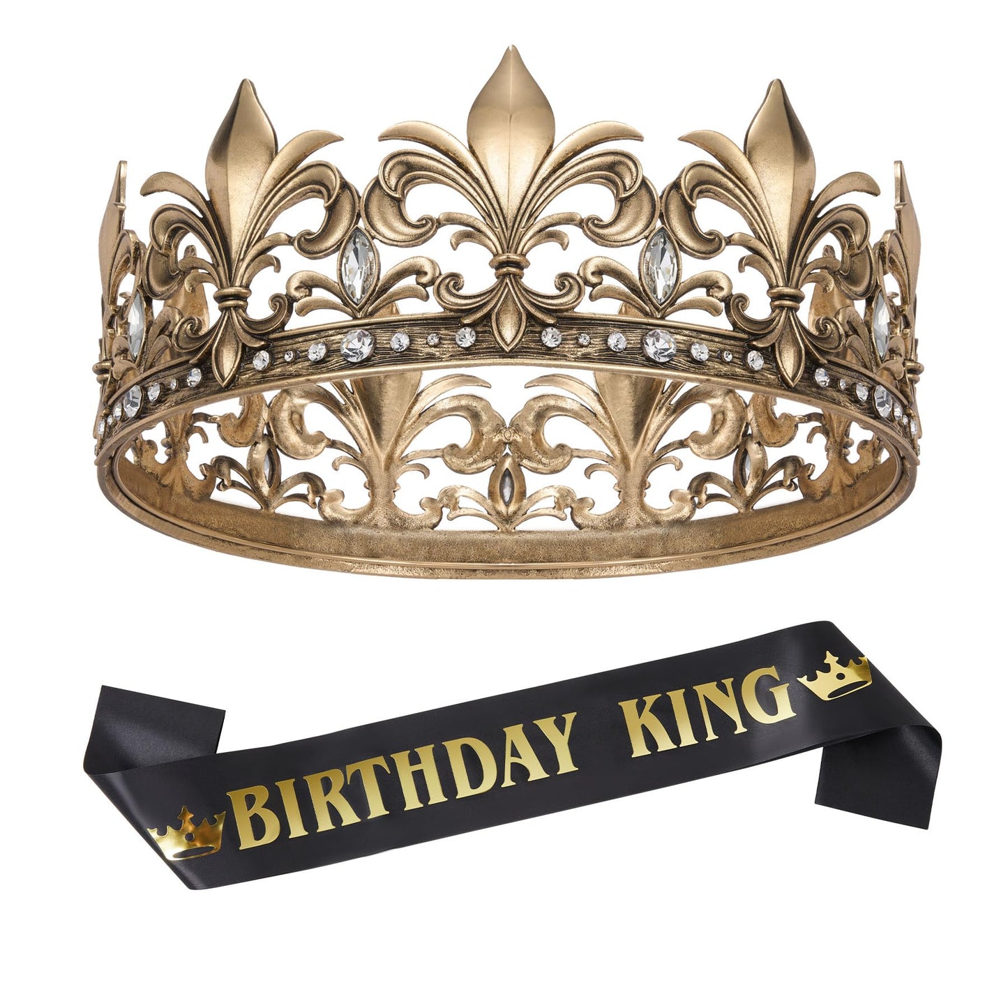 SWEETV Birthday King Crown and King Sash, Birthday Gifts for Men King Pageant Gold Crown, Prince Crown for Men Party Decoration Prom, Gold