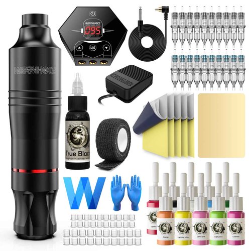 Tattoo Kit, Wormhole Tattoo Pen Kit Complete Tattoo Practice Kit Rotary Tattoo Machine Kit with 20pcs Tattoo Cartridge Needles, 10pcs Tattoo Inks Tattoo Gun Kit Beginner WTK086