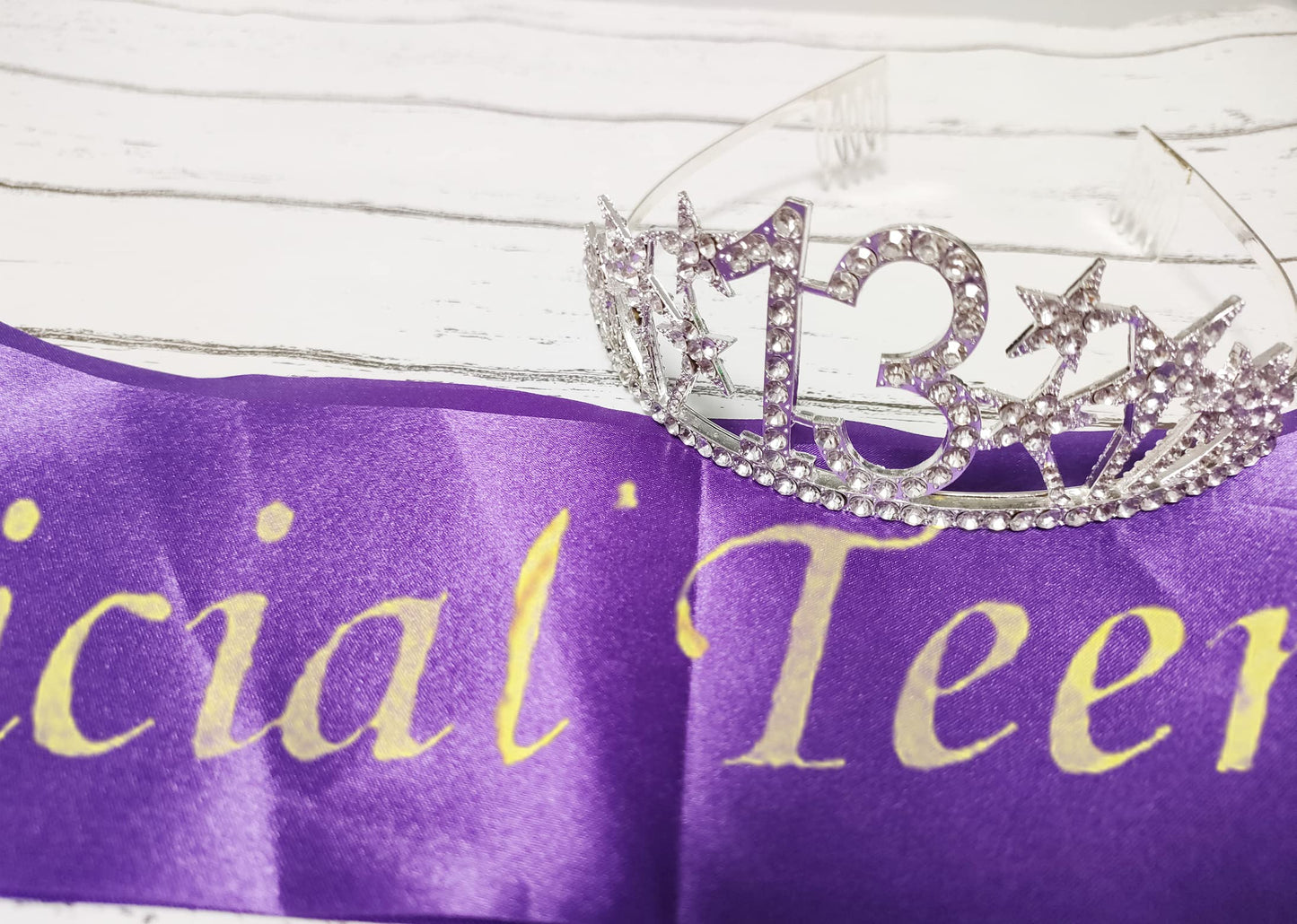 Happy 13th Birthday Tiara and Sash Gifts Crystal Rhinestone Princess Crown Birthday Girl Party Favor Supplies Silver Crowns Purple Sash