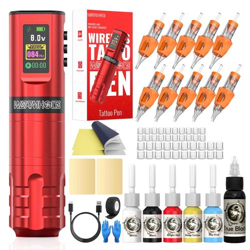 Wormhole Professional Wireless Tattoo Kit with 1800mAh Battery, Complete Set Including Tattoo Needles, Ink, and Everything Needed for Beginners - WTK284
