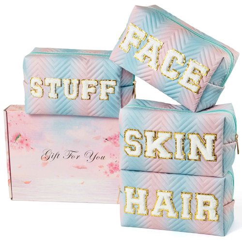 Y1tvei 4Pcs Preppy Patch Hair Skin Face Stuff Blue Pink Gradient Makeup Bag Set Chenille Letter Pouch Cute Patch Fantasy Cosmetic Bag Waterproof Travel Toiletry Bag Carry On Zipper Organizer for Women