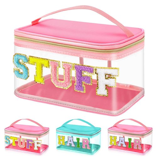 libfrnt Chenille Letter Clear Makeup Bags, Preppy Pink Stuff Bag Chenille Patch Makeup Bag Travel Cosmetic Bag with Handle Zipper Waterproof TPU Toiletries Organizer Pouch for Women Girl