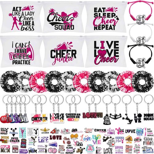 Amylove 149 Pcs Gift for Cheerleader Cheer Gifts Bulk Cheer Makeup Bag & Keychain & Scrunchies & Bracelet & Waterproof Stickers, Team Spirit Party Favors for Cheerleader Gifts