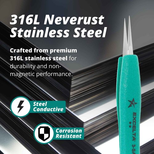 Excelta Ergo-Tweeze 3-SA-PI-ET Precision Tweezers, Straight Very Fine Tip, ESD Safe TealShield Grips, Anti-Magnetic 316L Neverust Stainless Steel, 5.25" OAL for Electronics, Lab, Cleanroom, Forensics