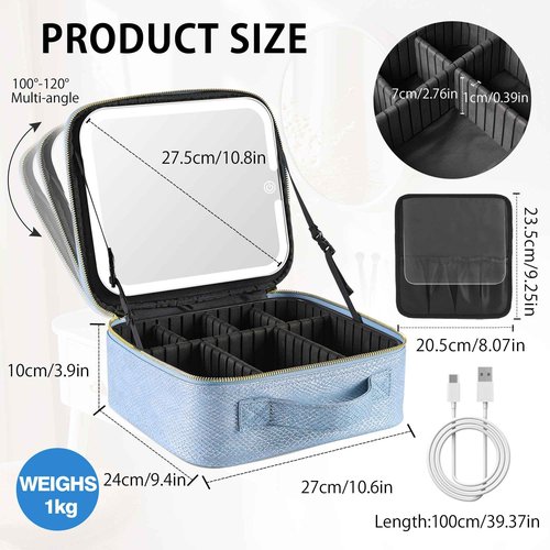 PRALENA Portable Travel Makeup Bag with Mirror and Light - 3 Colors,Adjustable Brightness Spacious Cosmetic Organizer,Mermaid Shine Blue