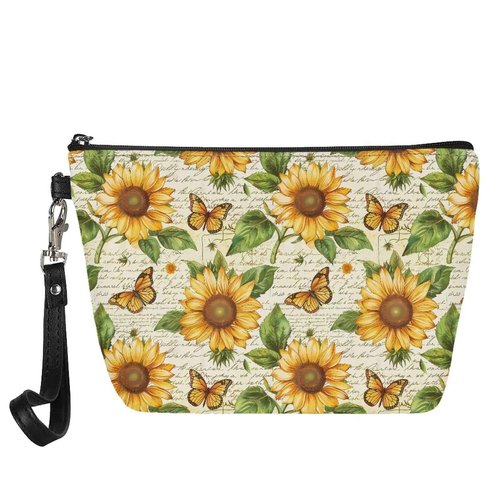 Suhoaziia Retro Sunflower Butterfly Cosmetic Bag for Women Travel Organizer Makeup Bag Zipper Purse Lightweight Toiletry Organizer Pouch Clutch Bag with Wrist Strap