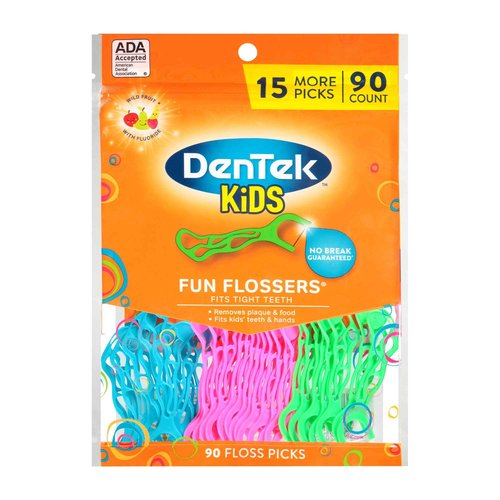 DenTek Triple Clean Advanced Clean Floss Picks, No Break & No Shred Floss, 150 Count, 6 Pack & Kids Fun Flossers, Wild Fruit, 90 Count