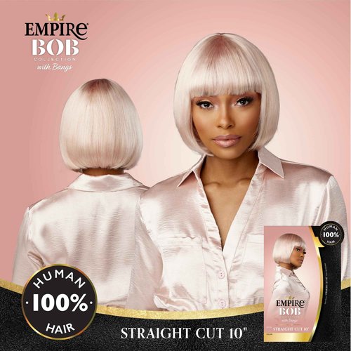 Sensationnel Empire Bob Humanhair Wig - Straight Cut Face Framing Mesh Cap for Comfort With Bangs (10 inch, 1 JETBLACK)
