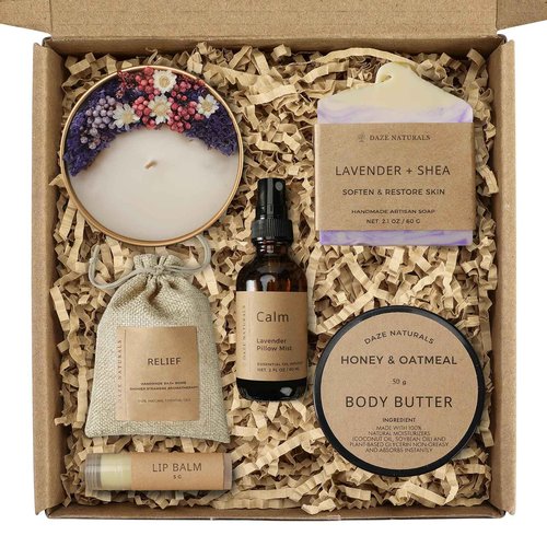 Daze Naturals Bath Gift Set, Spa Gifts for Women, Self Care Products for Women, Lavender & Cream Soap Bar, Calm Pillow Mist, Bath Bomb & Shower Steamer, Body Butter and Lip Balm
